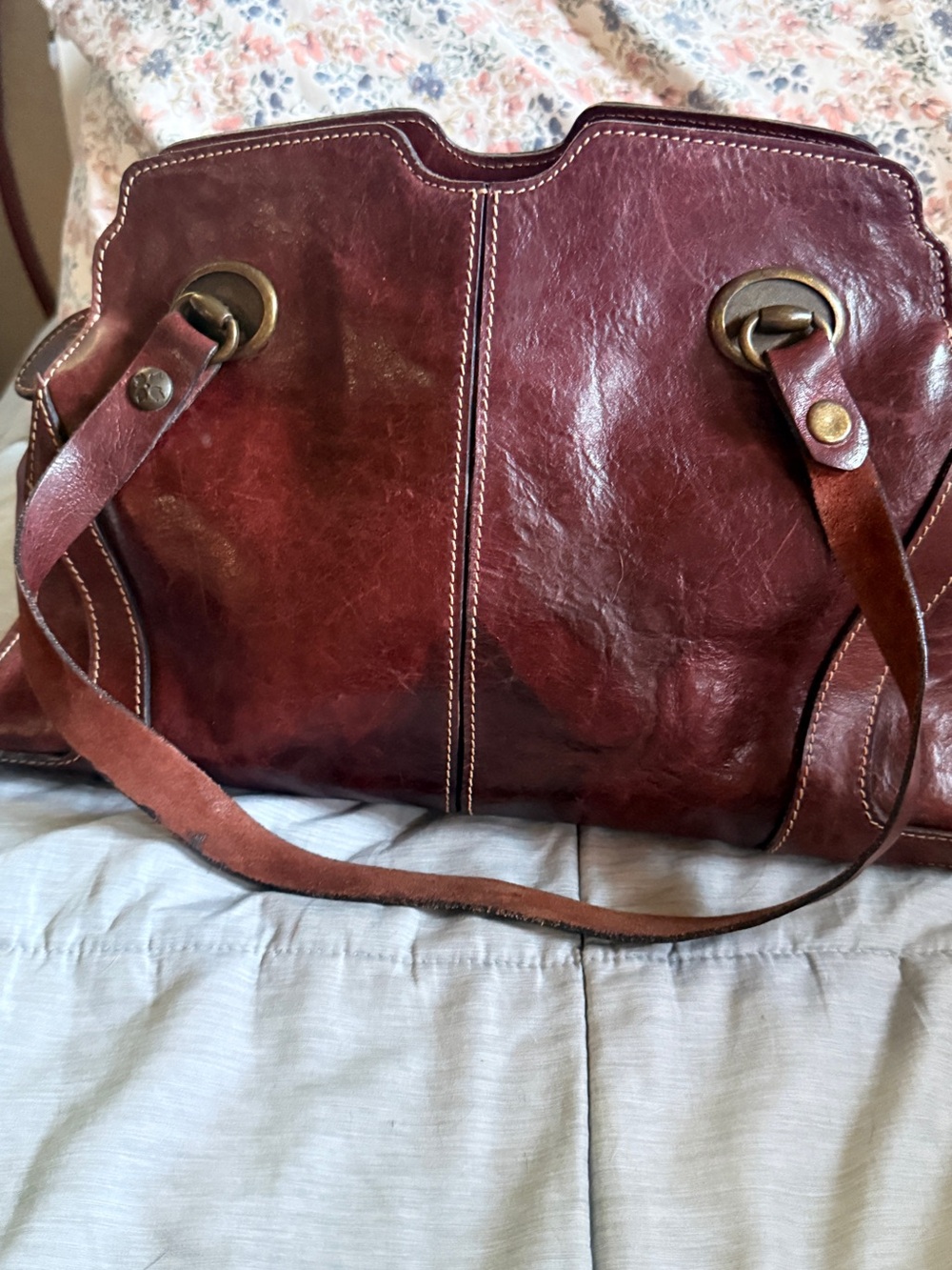 Patricia Nash Lionel Large Leather Satchel Handbag in Deep Burgundy